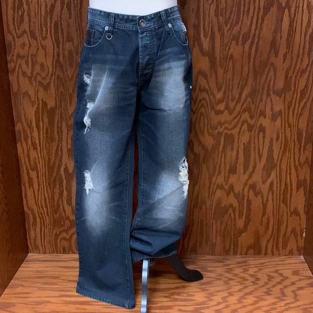 G by Guess Wide Leg Jeans Distressed Dark Wash Low Rise Size 38 Y2K